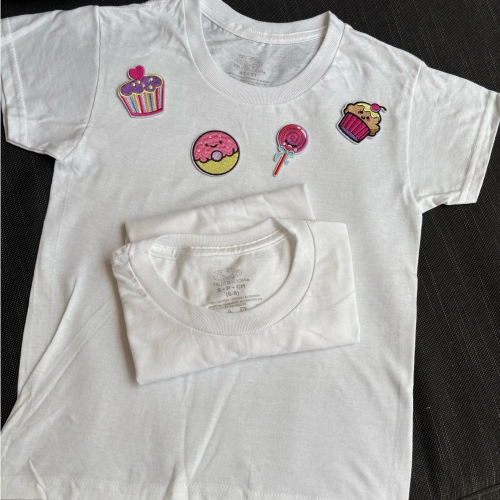 White Kids  1 one. T-Shirt with Fun Patches